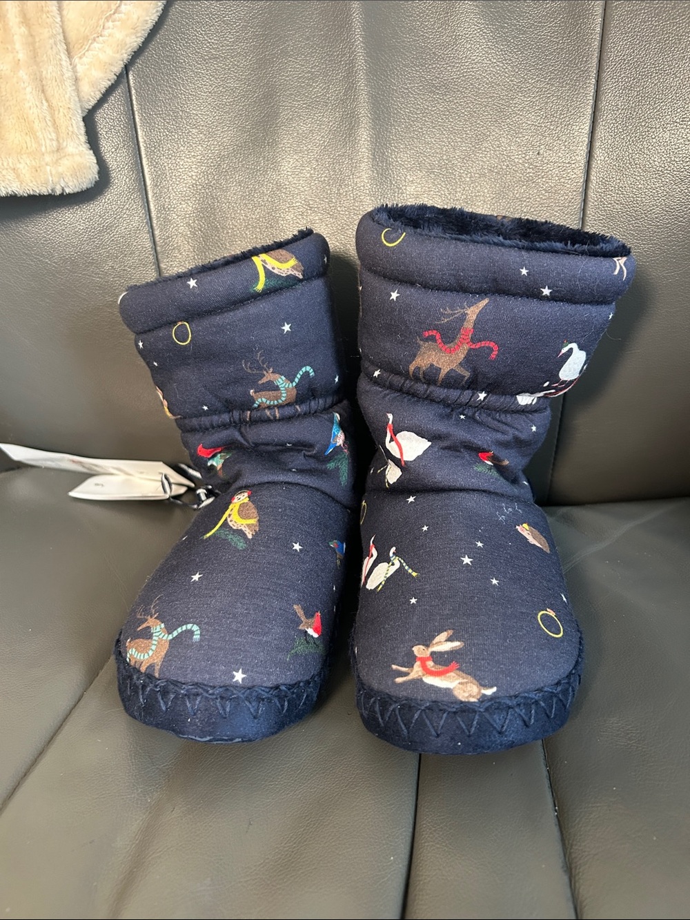 Joules Navy Kids Animal Print Cozy Boot Slippers